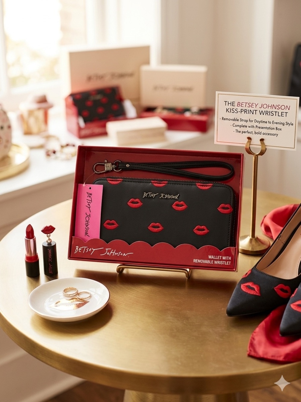 Betsey Johnson Black Wristlet Wallet with Red Lip Print